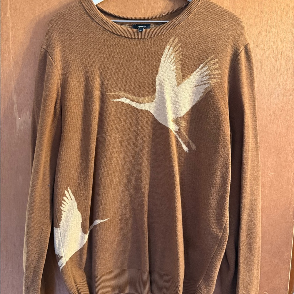 Express Brown Crewneck Sweater with Crane Design